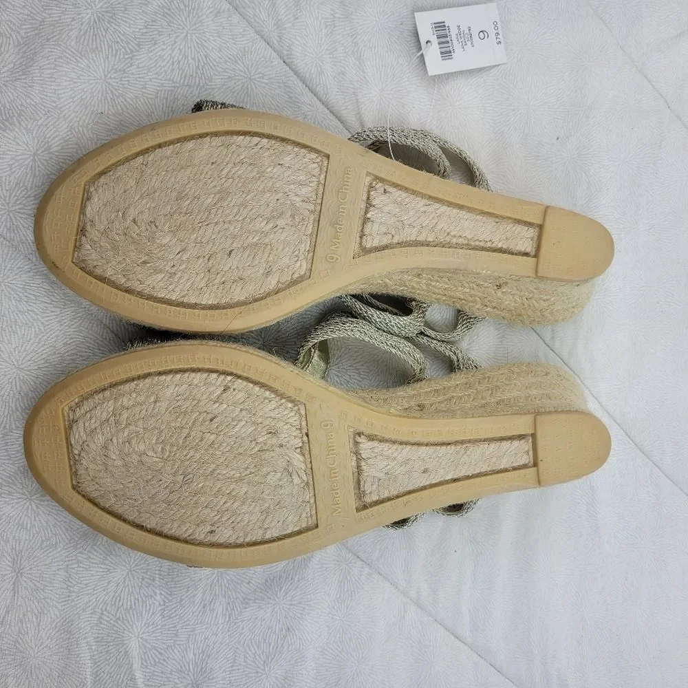 Chicos Lana Wedge Metallic Tan jute espadrille heels boho vacation neutral NWT 9